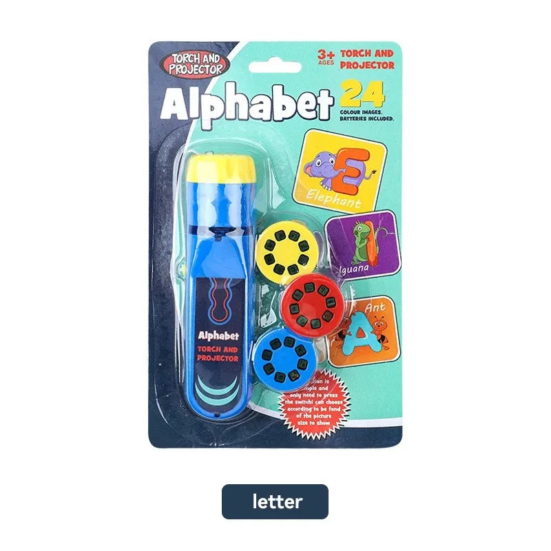A box of Alphabet torch and projector featuring colorful images of animals like an elephant, iguana, and ant.