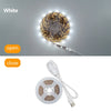 A white dual-color USB LED light strip is shown in both open and closed states, highlighting its illumination pattern.