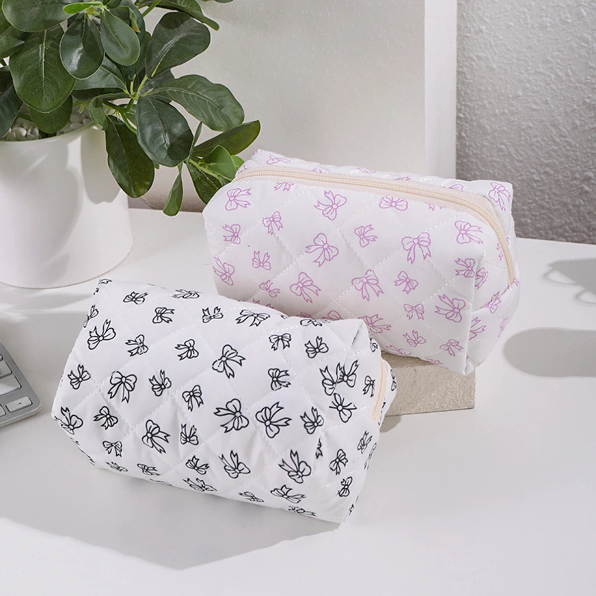 Bowknot Print Makeup Bag - Large Capacity Travel Toiletry Organizer