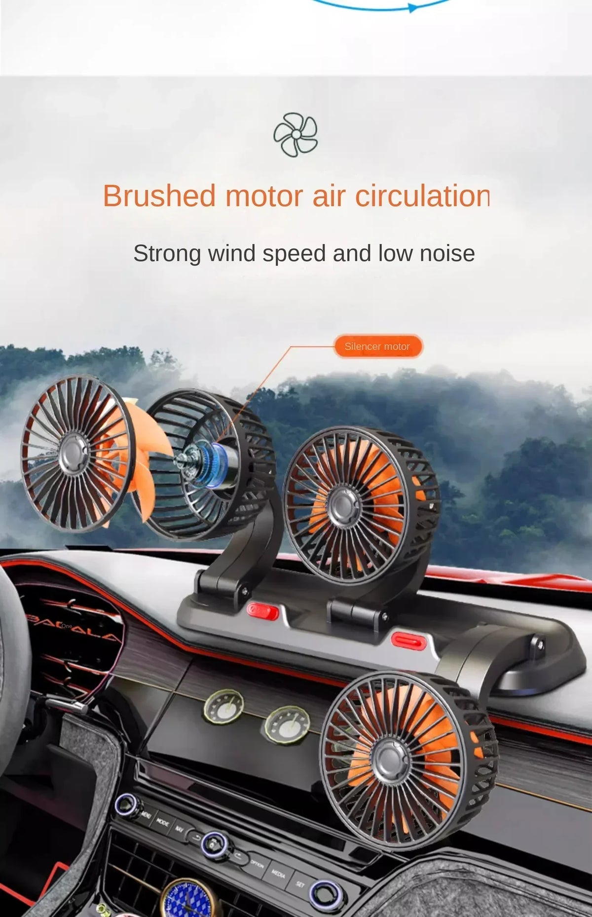 Close-up of a brushed motor air circulation fan mounted on a car dashboard, showing strong wind and low noise features.