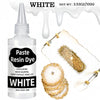 White paste resin dye in a dropper bottle shown next to various white and gold resin samples