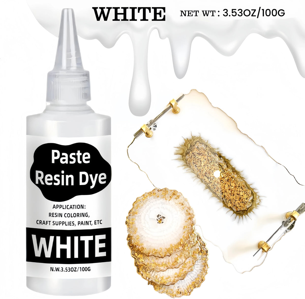 White paste resin dye in a dropper bottle shown next to various white and gold resin samples