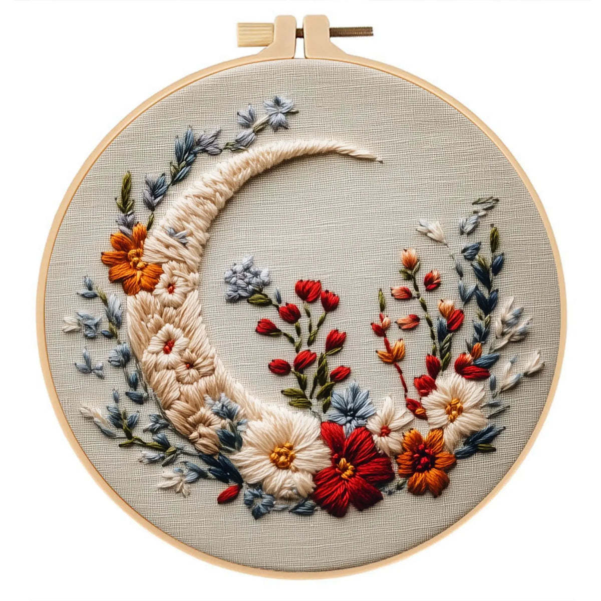 DIY embroidery kit featuring a silver crescent moon and golden butterfly design on beige fabric