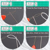 Four steps demonstrating how to thread a floss through a loop using a plastic needle and eye.