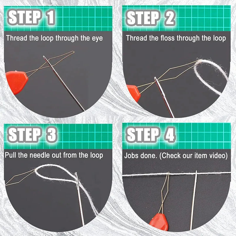 Four steps demonstrating how to thread a floss through a loop using a plastic needle and eye.