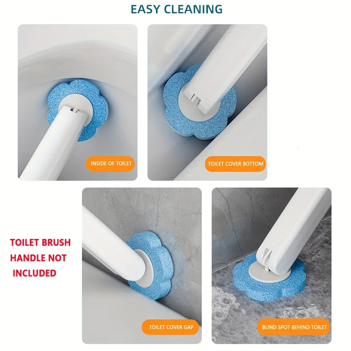 Disposable toilet brush set showing the brush handle, replaceable heads, and various parts for cleaning a toilet.