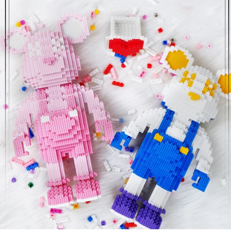 A pink and white building block set shaped like an angry bear, featuring various colors and textures.