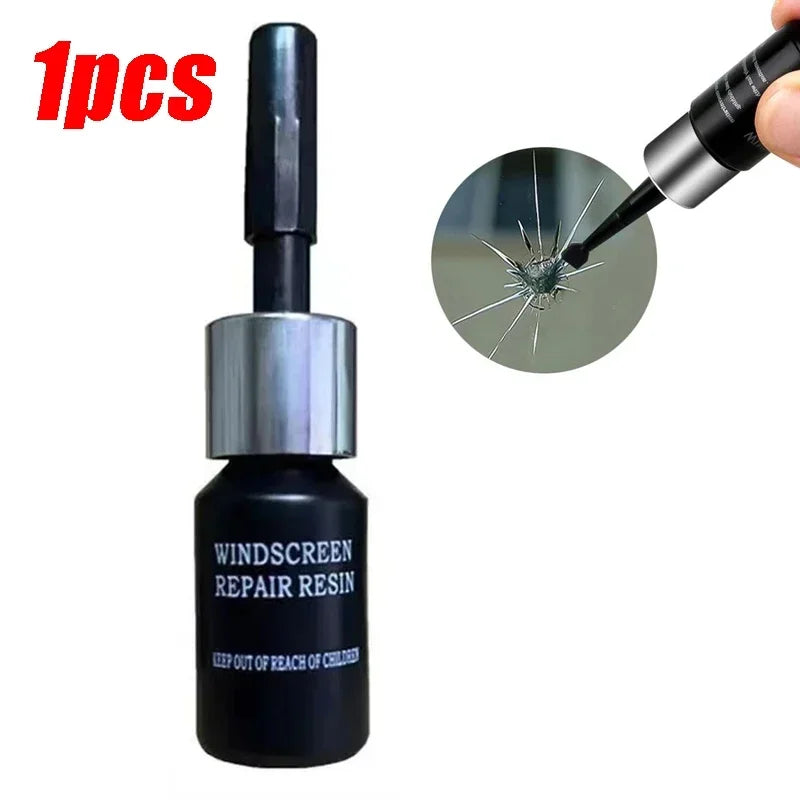 A black bottle of windshield repair resin with a nozzle and a close-up of the resin being applied to a crack.