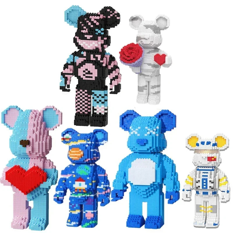 A collection of mini angry bear LED building blocks in various colors and styles.