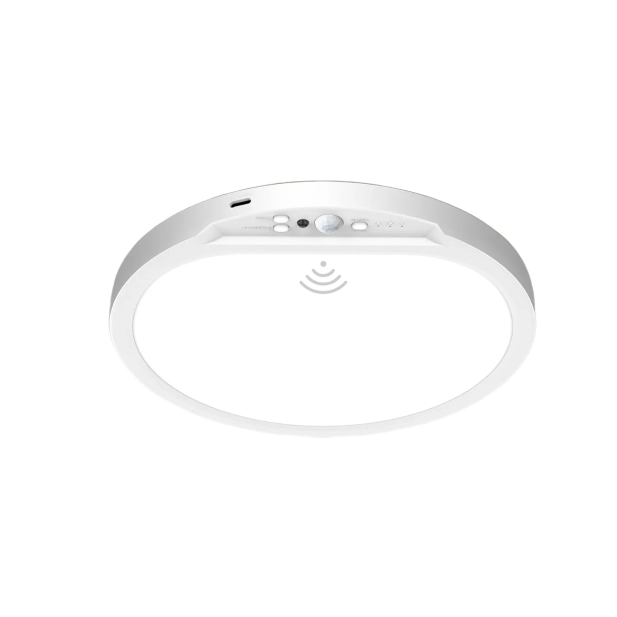 A white rechargeable motion sensor ceiling light with a remote control.