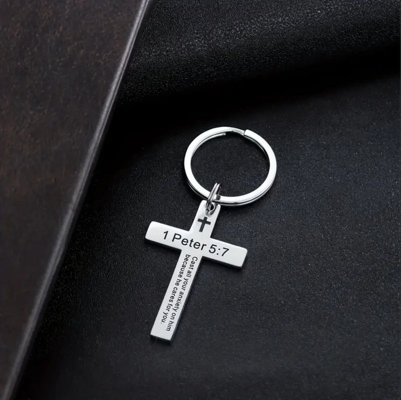 Stainless Steel Cross Keychain with Scripture