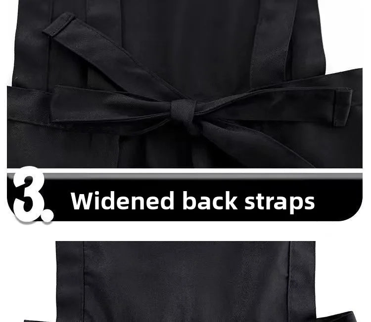 Close-up view of a black Korean style cotton kitchen apron with widened back straps.