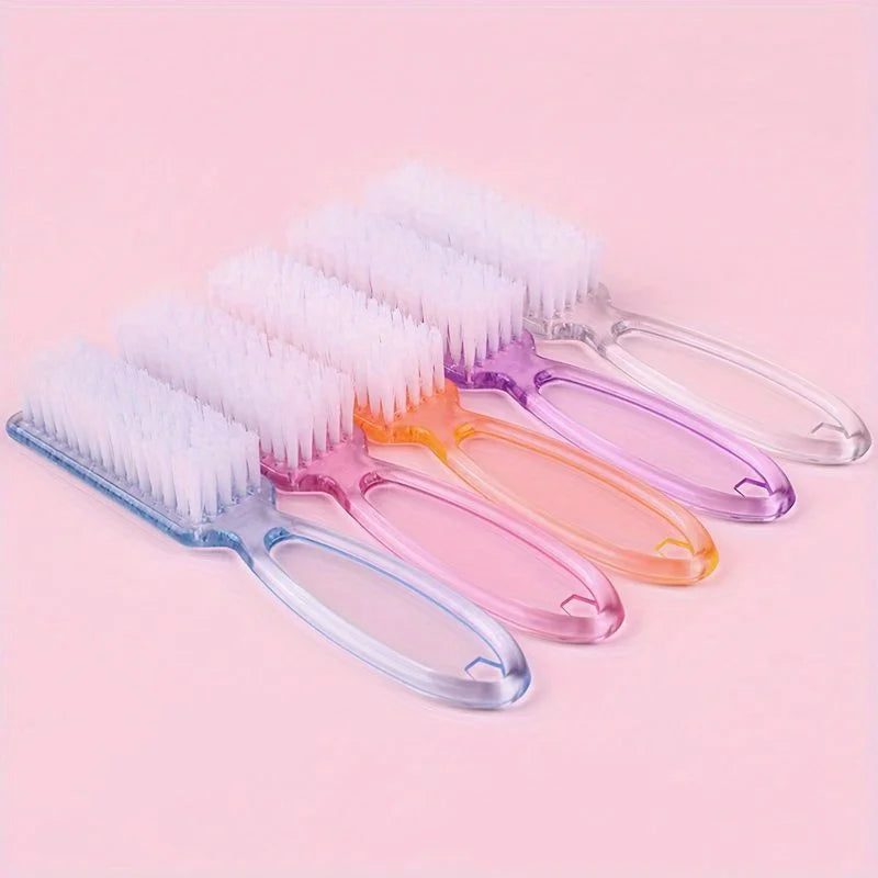 A set of nail art brushes with long, colorful handles and white bristles displayed on a pink background.