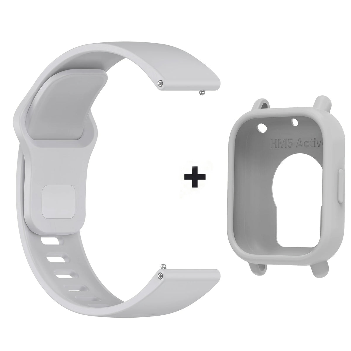 A silicone watch band and protective case for a smart watch, shown in light gray.