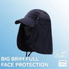 A dark blue sun hat with a wide brim is shown, emphasizing big brim full face protection.