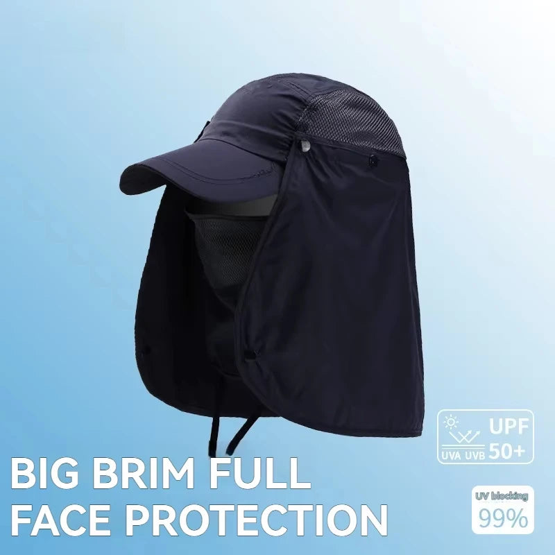 A dark blue sun hat with a wide brim is shown, emphasizing big brim full face protection.