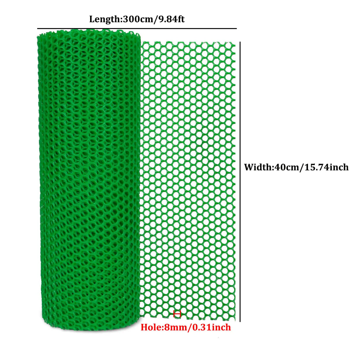 A cylindrical green plastic wire mesh with a length of 300cm and a width of 40cm.