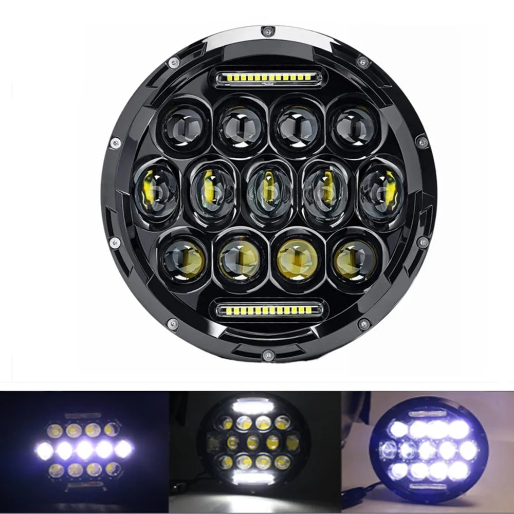 Round LED headlight assembly with multiple projector lenses and angel eyes for a motorcycle.