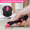 Close-up of a black adhesive remover and glass scraper tool with a pink handle, highlighting its non-slip and ergonomic grip 