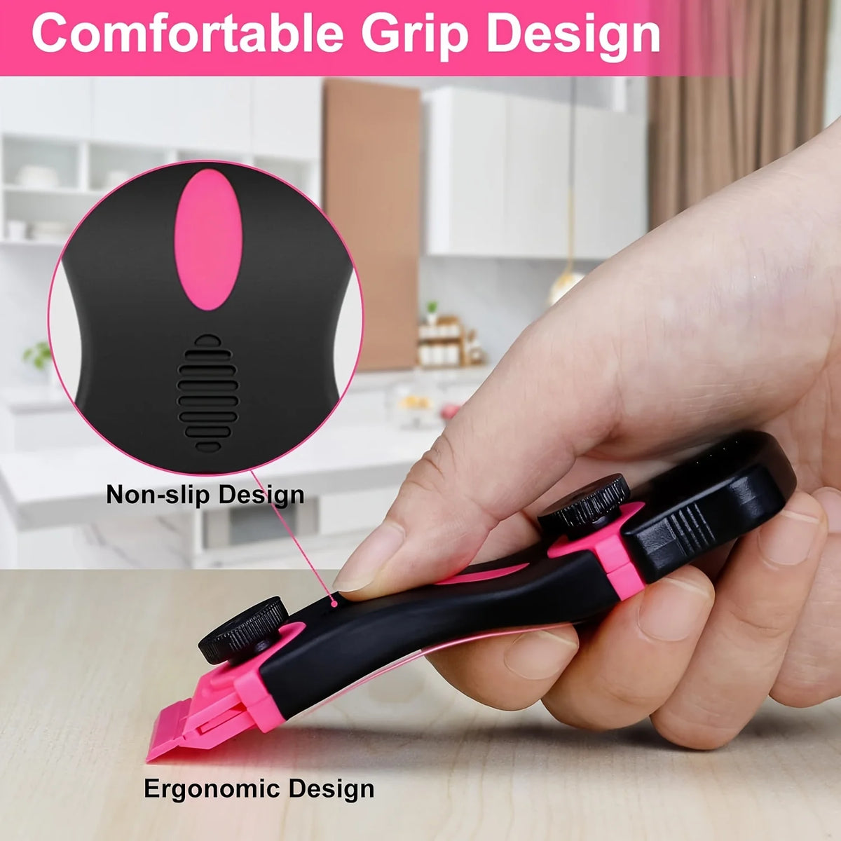 Close-up of a black adhesive remover and glass scraper tool with a pink handle, highlighting its non-slip and ergonomic grip 