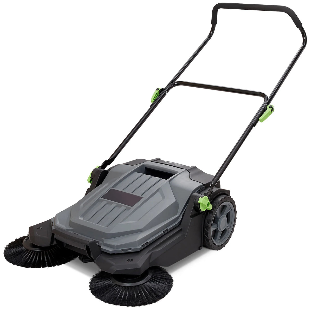 A gray walk-behind push floor sweeper with a black handle and cleaning path.
