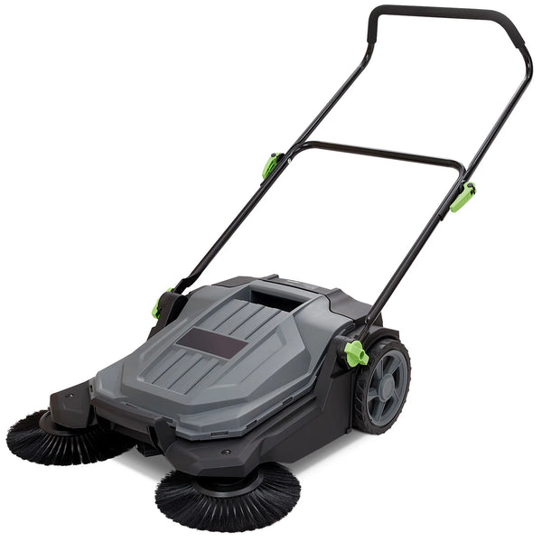A gray walk-behind push floor sweeper with a black handle and cleaning path.