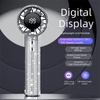 A close-up of a sparkling diamond pattern portable fan with a digital display and LED glow.