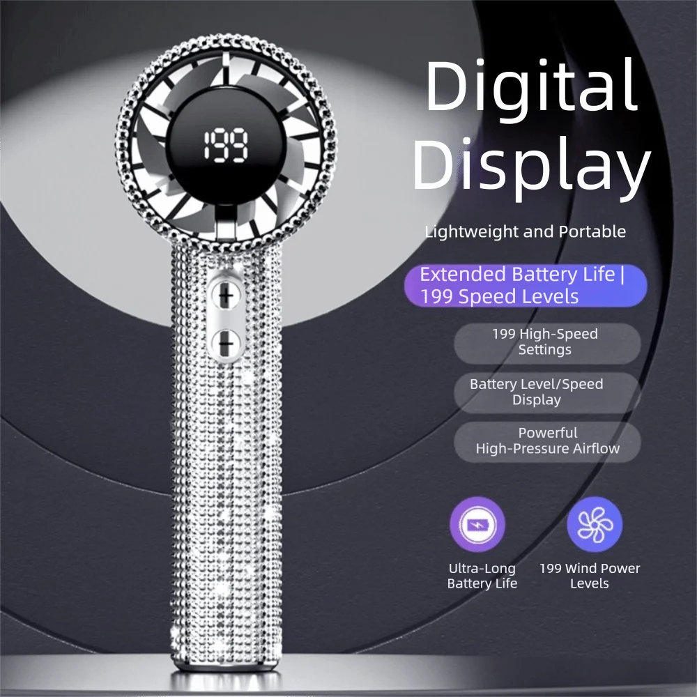 A close-up of a sparkling diamond pattern portable fan with a digital display and LED glow.