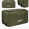 Olive green heavy-duty waterproof travel duffel bag with a sport label