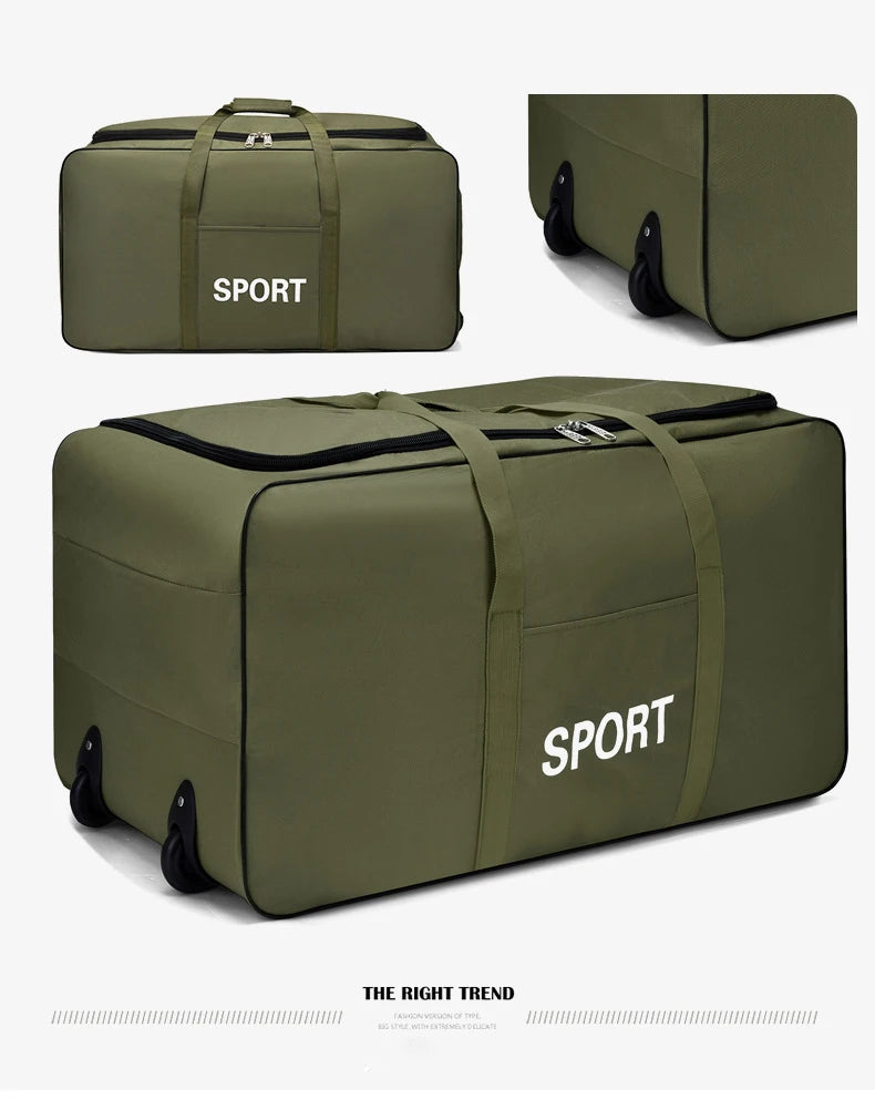 Olive green heavy-duty waterproof travel duffel bag with a sport label