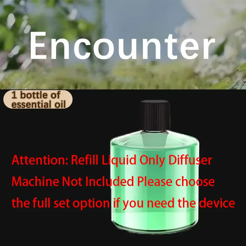 A glass bottle of essential oil with a label and a diffuser machine not included.