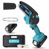 A cordless mini chainsaw kit showing a saw, battery, and safety goggles.
