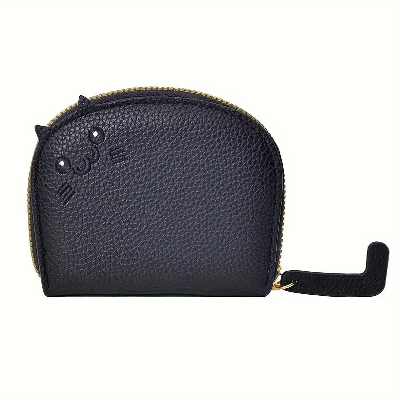 A dark navy cartoon cat-shaped PU leather card wallet with a gold-colored zipper.