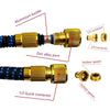 Components of an expandable garden hose including an aluminum buckle, zinc alloy joint, 1/2 and 3/4 connectors, and rubber ga