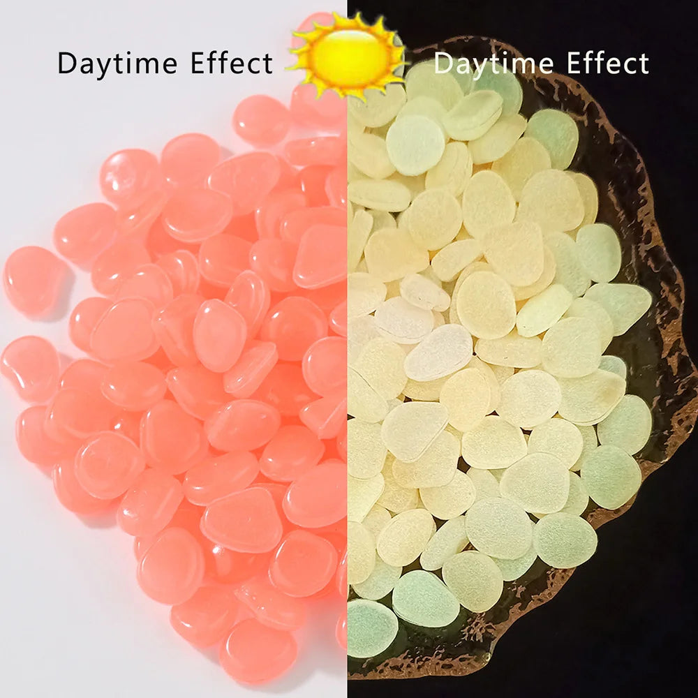 A split image showing pink and green glow-in-the-dark resin pebbles, labeled as daytime effect.