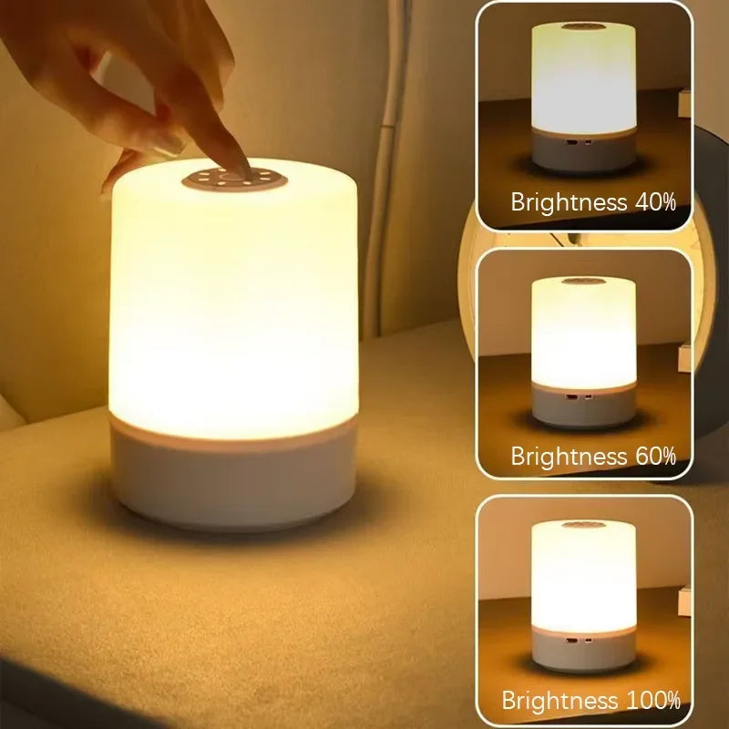 A table lamp with dimming controls is shown, displaying brightness levels of 40%, 60%, and 100%.