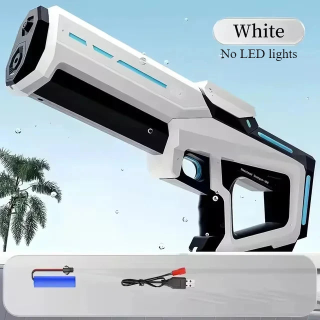 Weißer elektrischer Wasserstrahl-Blaster in Profilansicht mit blauem Lichtfeature.