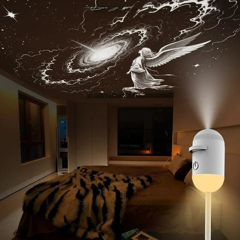 A bedroom ceiling features a projection of a winged angel with a starry sky, illuminated by a white night light.