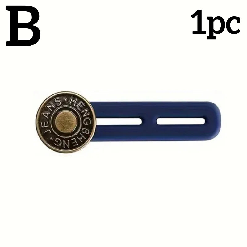 A single blue metal button extender for jeans waistbands.