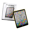 A tablet displaying a colorful interface for learning Spanish and English words.