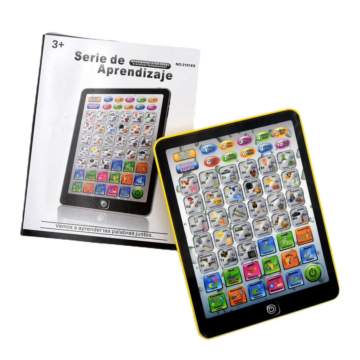 A tablet displaying a colorful interface for learning Spanish and English words.