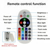 A white remote control for a sunset lamp projector with various light functions like brightness, color modes, and flash.