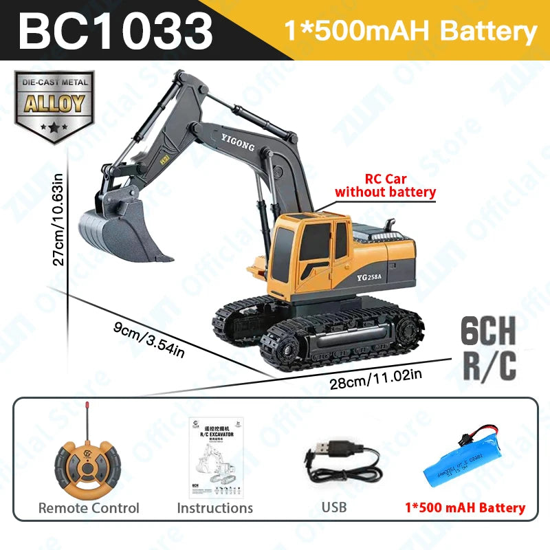 Die-cast metal YIGONG RC Car excavator with dump truck and 500mAh battery