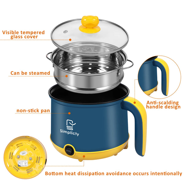 Olla eléctrica azul con tapa de vidrio y mango amarillo, mostrando características como sartén antiadherente y disipación de 