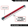 Red socket organizer rail set with 15 clips for storing 15-3/8 inch drive sockets