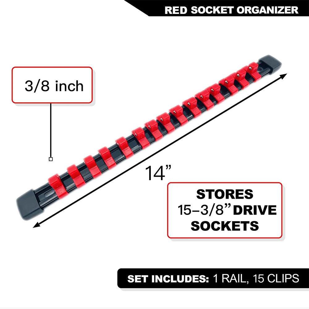 Red socket organizer rail set with 15 clips for storing 15-3/8 inch drive sockets