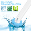A white toilet brush with a blue cleaning head is shown submerged in water, surrounded by splashing water.