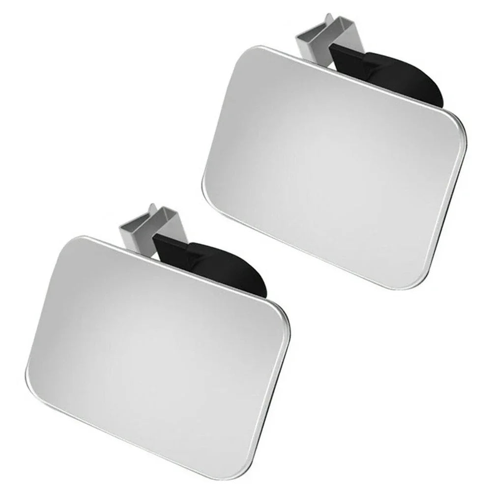 A pair of adjustable blind spot mirrors for cars, shown in a silver and black color scheme.