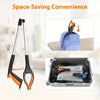 A pair of black and orange space-saving grabbers are shown next to a blue backpack and an open storage case.