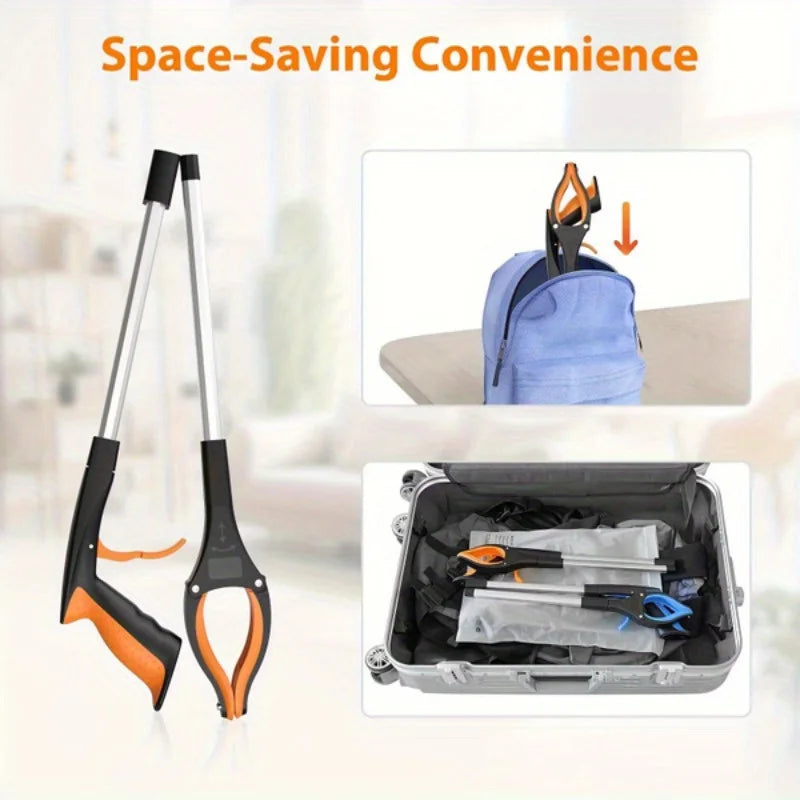 A pair of black and orange space-saving grabbers are shown next to a blue backpack and an open storage case.